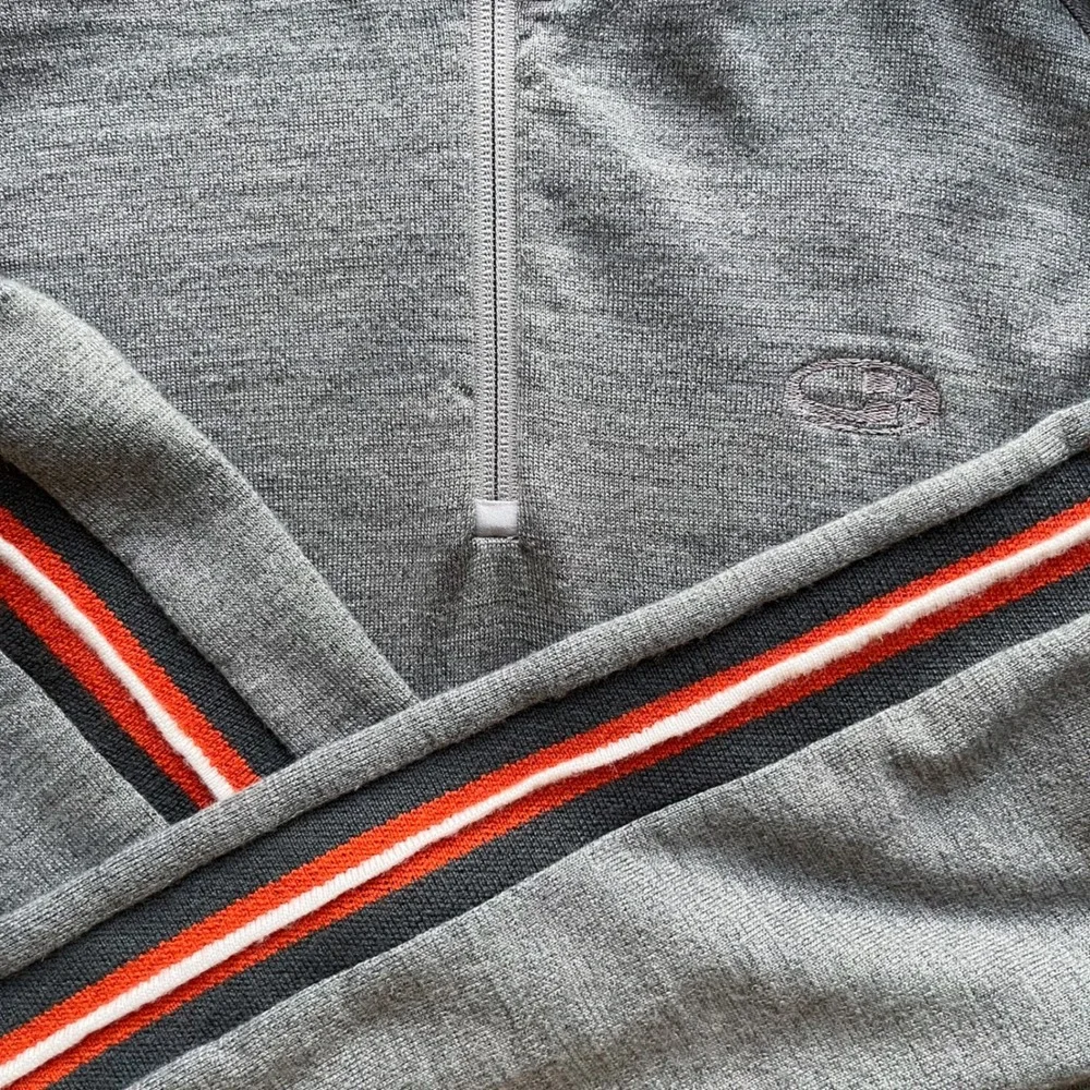 Icebreaker Sport 320 Merino Wool 1/4 Zip Sweater Mens Large Gray Orange Stripe